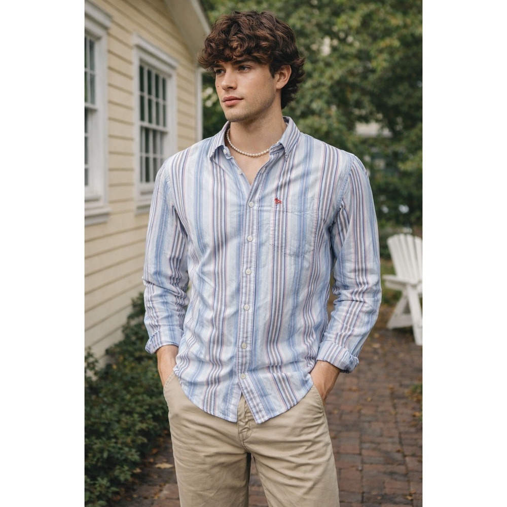 Aeropostale Y2K Blue Striped Button Down Shirt Mens Small Slim Fit Cotton